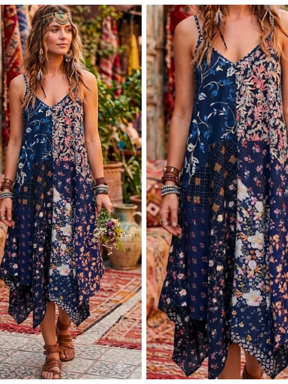 Bohemian Asymmetrical Navy Floral Maxi Dress